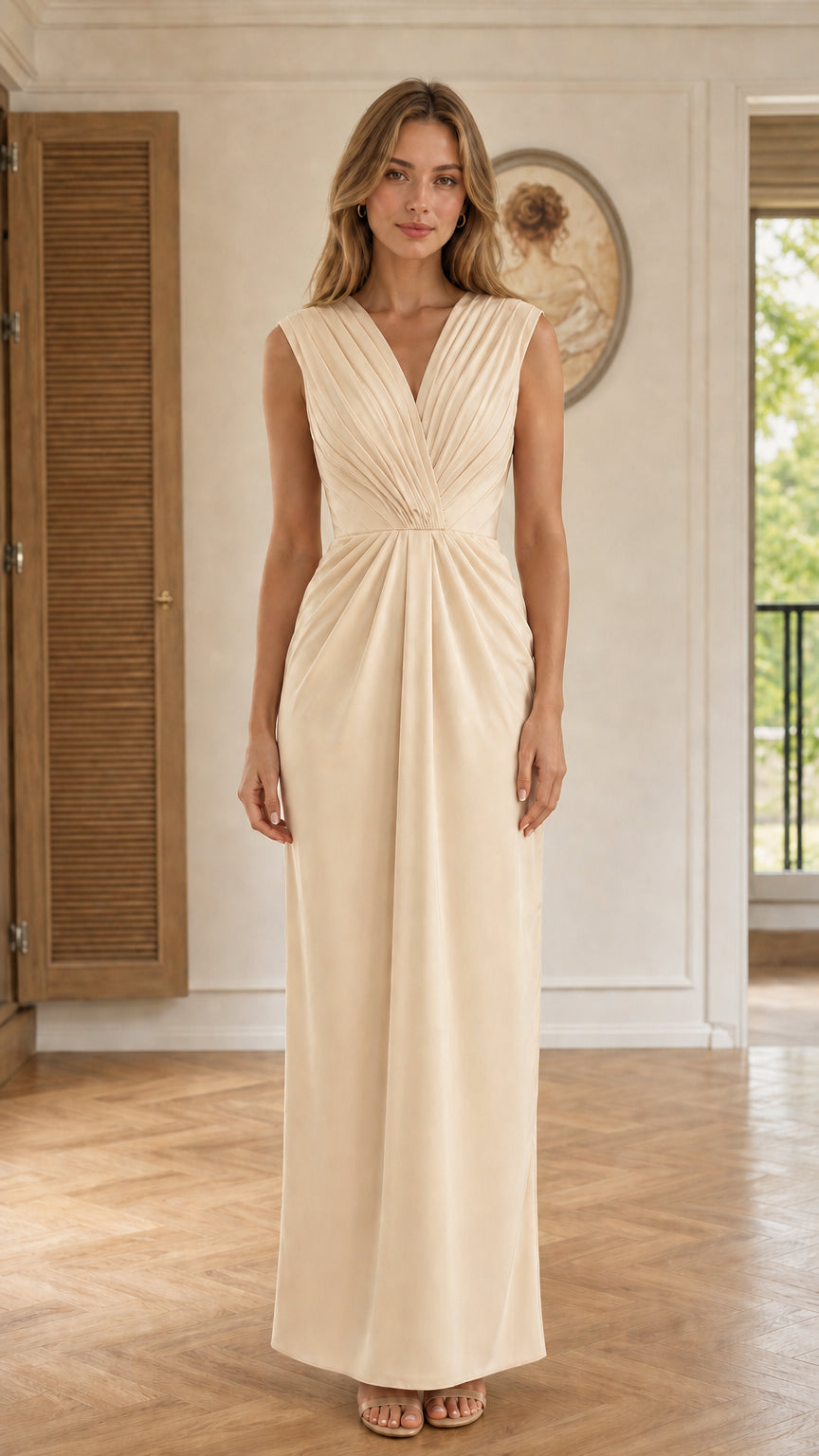 Front view of Champagne sleeveless pleated V-neck maxi dress