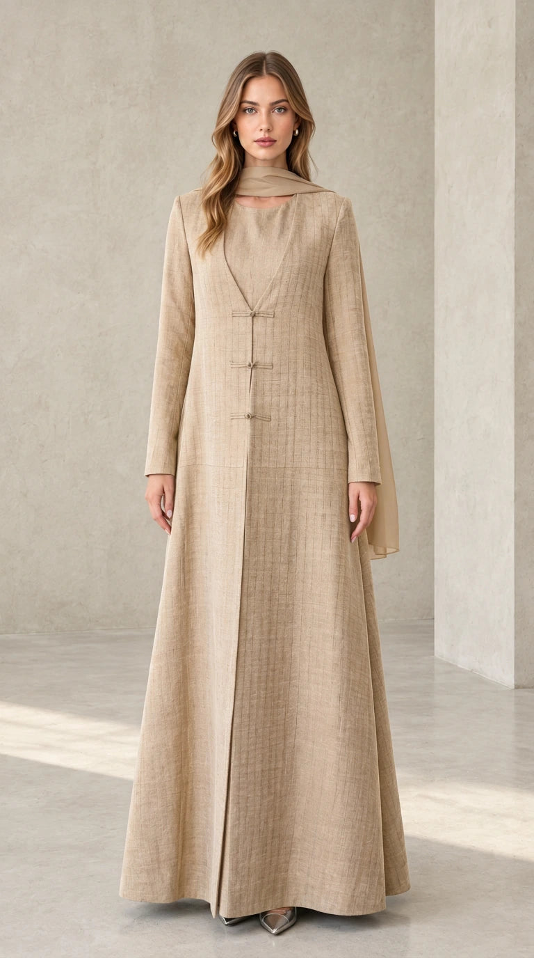 Oatmeal Beige neutral textured long sleeve maxi dress with matching scarf