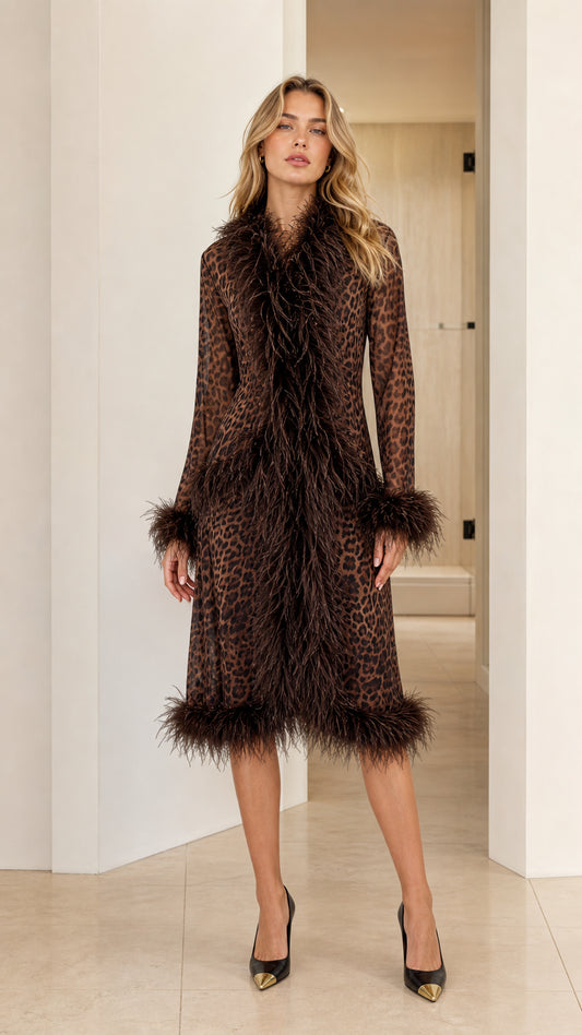 Front full-length view of model wearing the brown leopard print midi coat with brown feather trim
