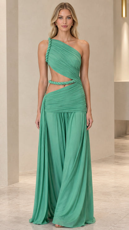 Front full-length view of woman wearing mint green one-shoulder pleated cutout jumpsuit
