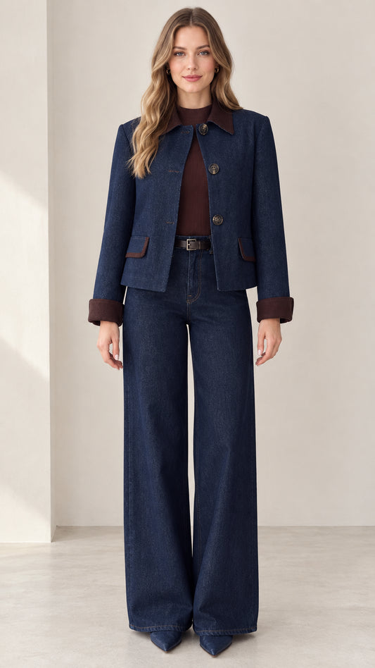 Front view of model wearing Indigo Blue denim jacket and wide-leg pant set with brown contrast trim