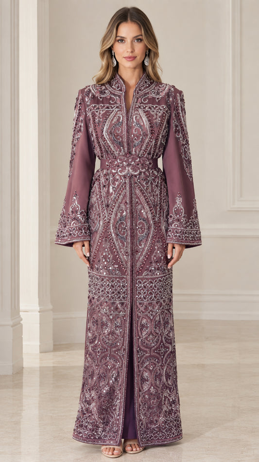 Front view of model wearing plum hand-beaded embroidered kaftan maxi dress