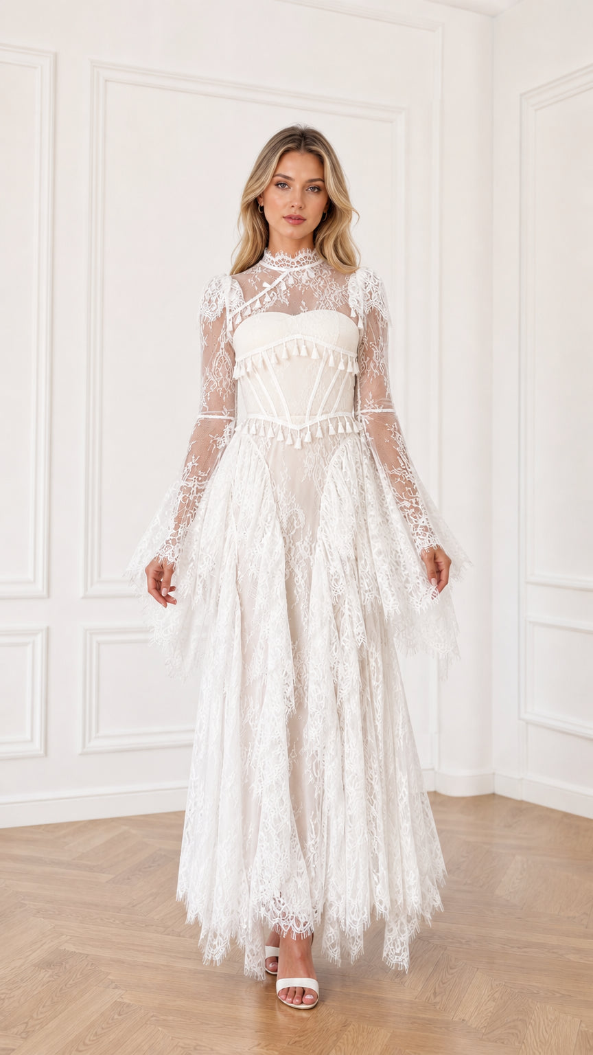 White long sleeve lace corset maxi dress with tassel fringe front view
