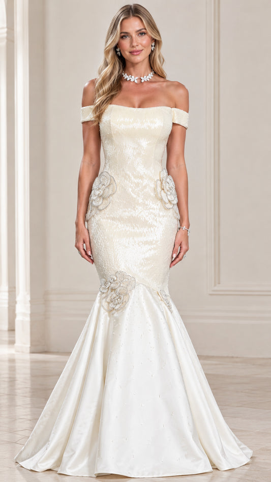 Front view of ivory off-the-shoulder sequin mermaid gown with 3D floral details