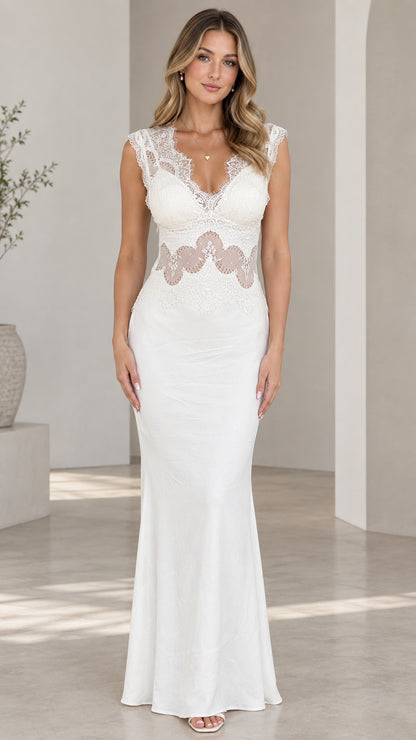White sleeveless eyelash lace mermaid maxi evening dress front view