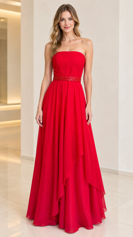 Front full view of woman wearing strapless red pleated evening gown