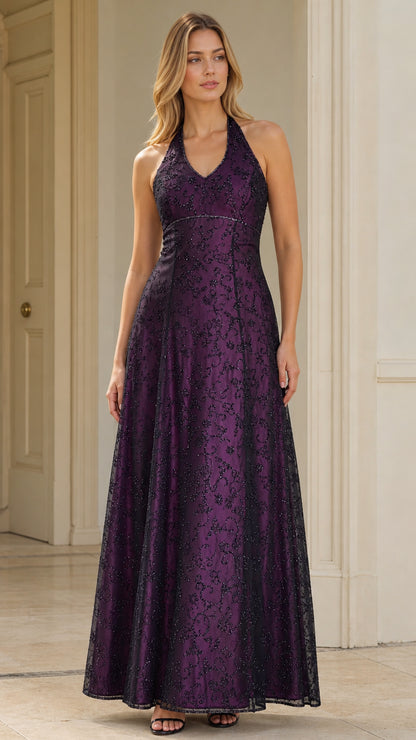 Front view of model wearing deep purple halter neck embroidered maxi evening gown