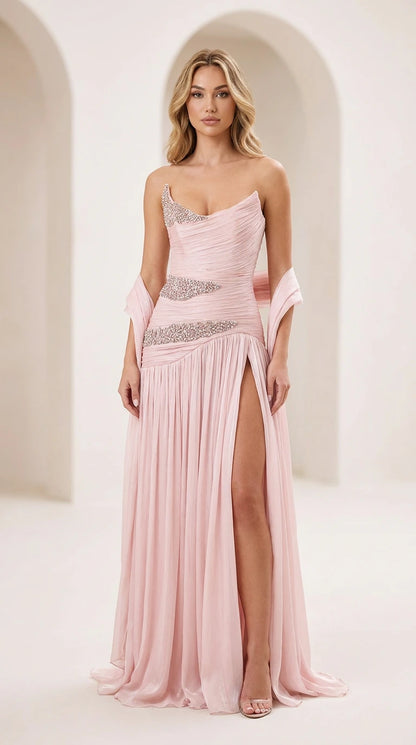 Pink strapless evening gown front view with slit and shawl