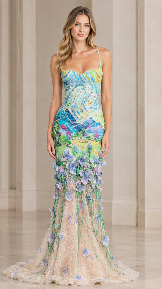 Aqua Blue impressionist beaded mermaid evening gown with 3D floral appliqués - front view