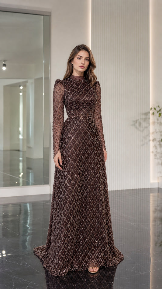 Front full view of chocolate brown high neck geometric beaded evening gown with long sleeves
