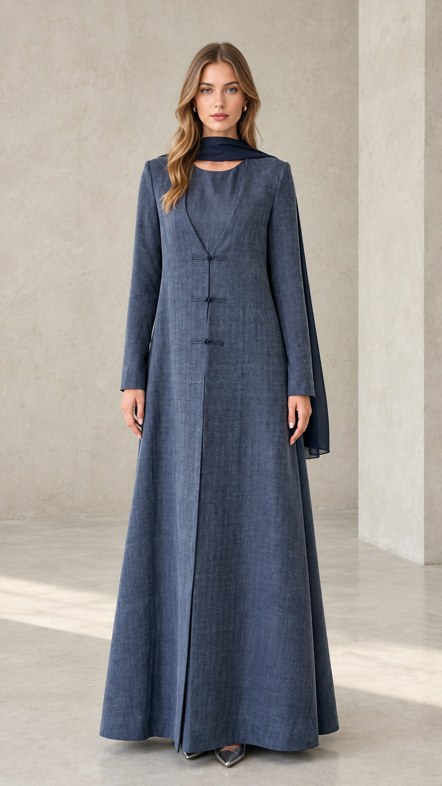 Front view of Slate Blue textured long sleeve maxi dress with matching scarf