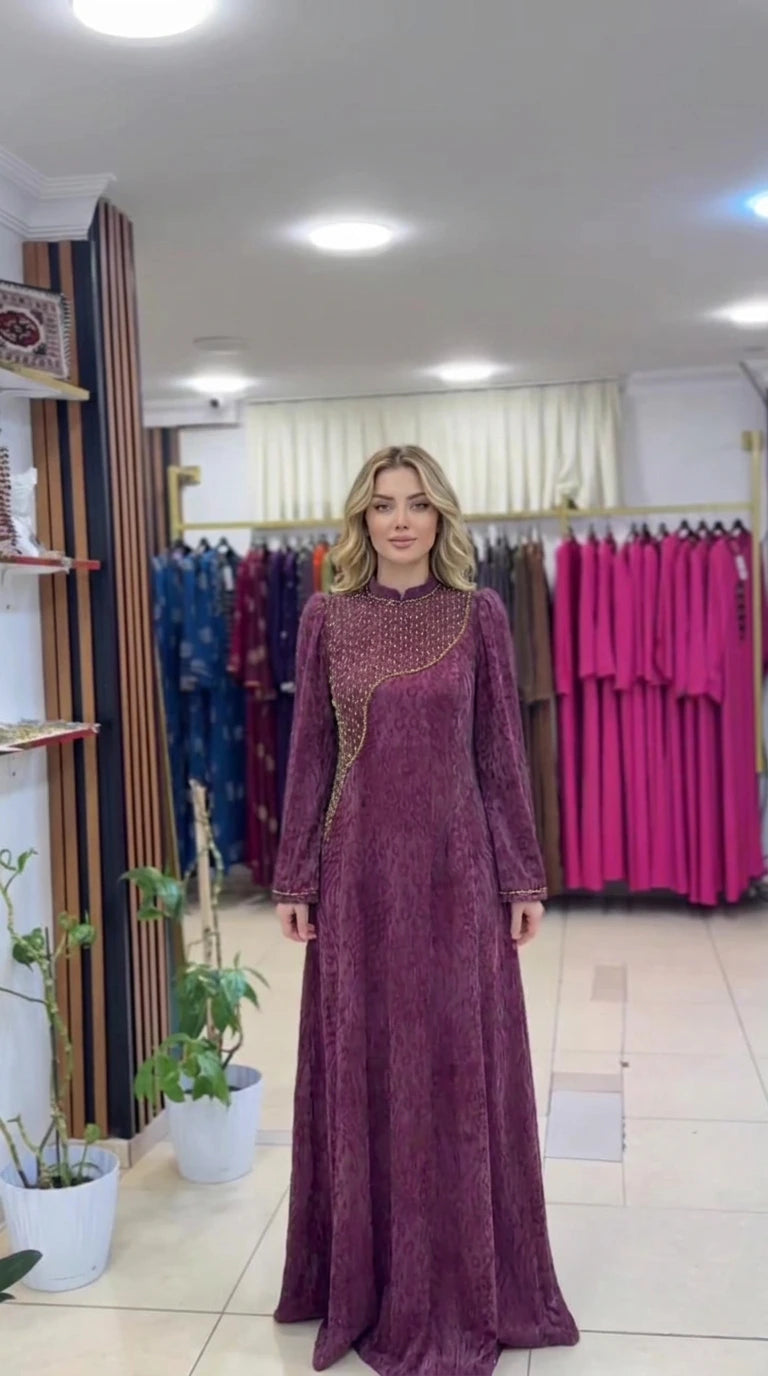 Front full-length view of the plum jacquard beaded maxi dress