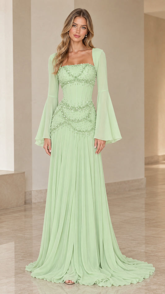 Mint green pearl-beaded corset evening gown with flared bell sleeves front view