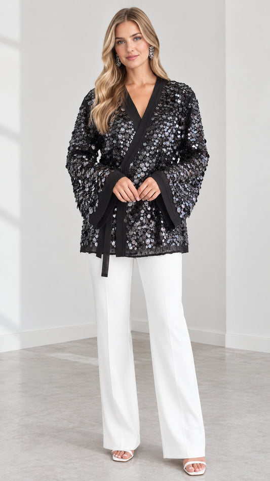 Front view of model wearing Black sequin kimono wrap jacket with waist belt and white pants