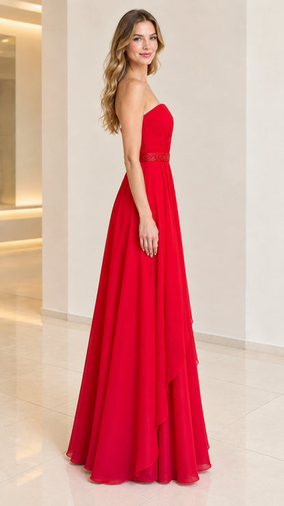 Side profile view of woman wearing strapless red formal maxi dress