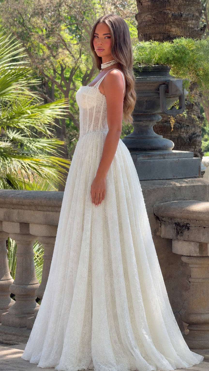 Side profile of Ivory boned corset A-line formal gown