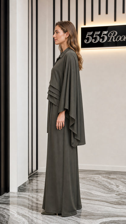 Side profile of model in olive two-piece set