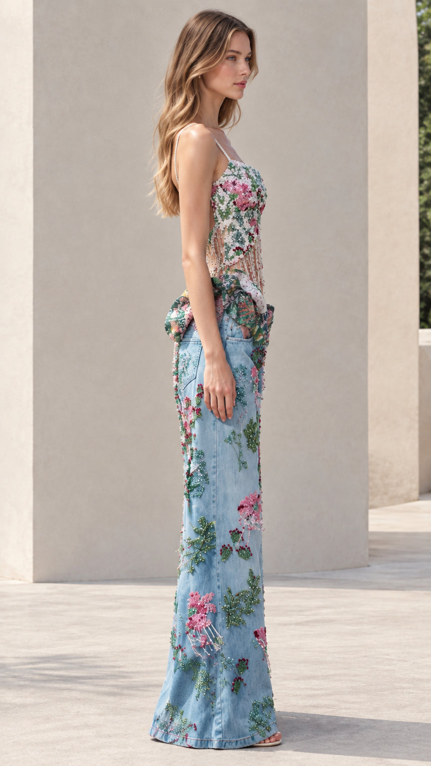 Light blue floral embellished two-piece pant set - side profile view