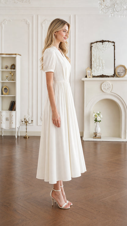 Side profile view of ivory short sleeve pleated midi dress