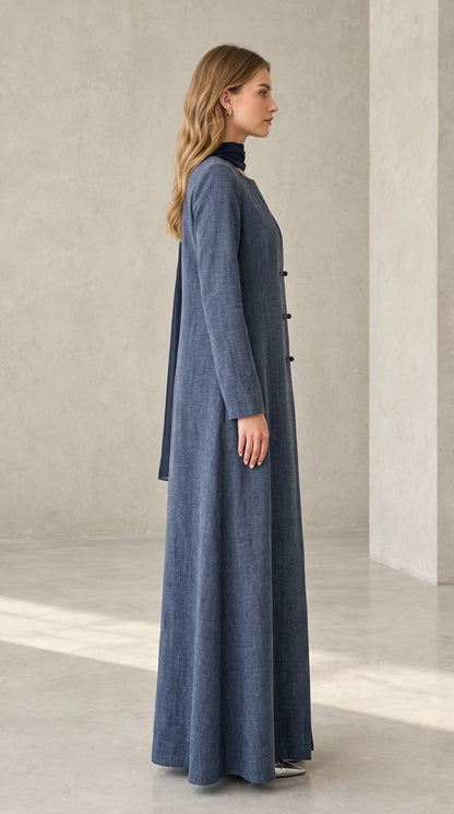 Side profile of woman wearing Slate Blue tailored long sleeve maxi dress