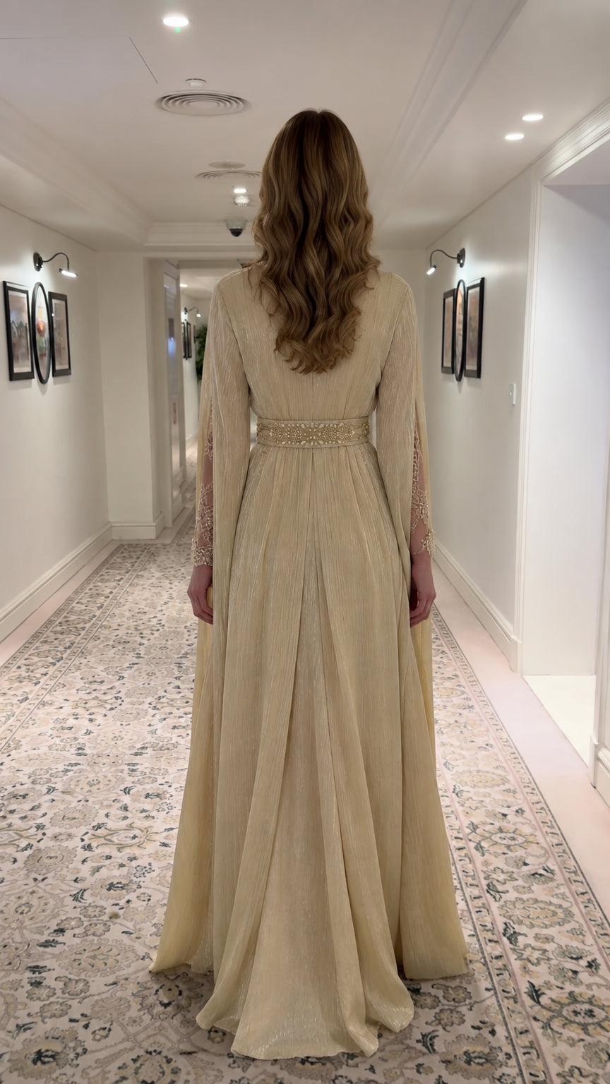 Full back view of Champagne Gold floor-length pleated evening gown
