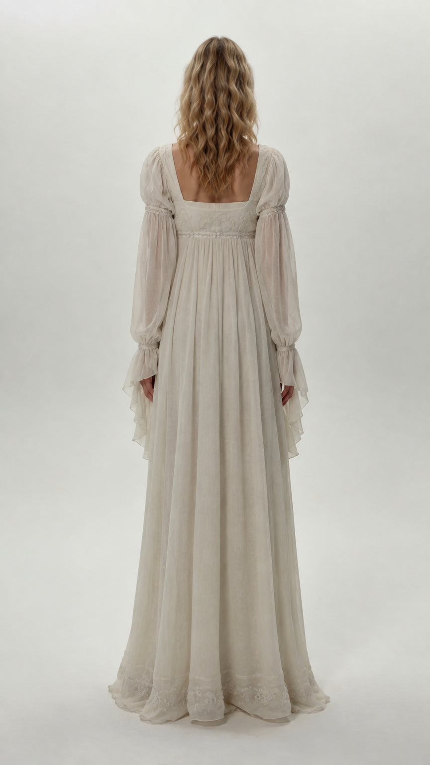 Back view of model wearing ivory square neck chiffon maxi gown