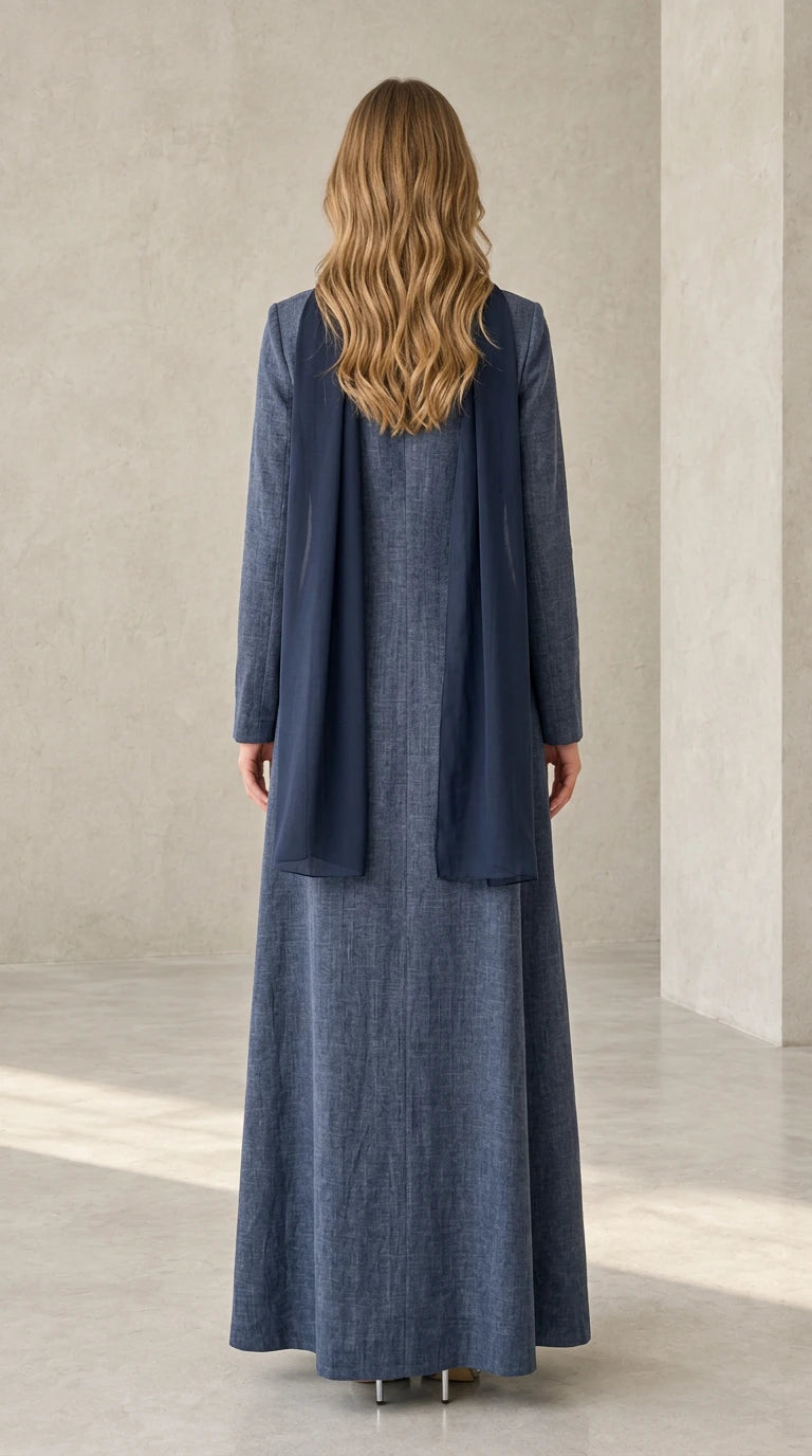 Back view of Slate Blue maxi dress showing coordinated lightweight scarf