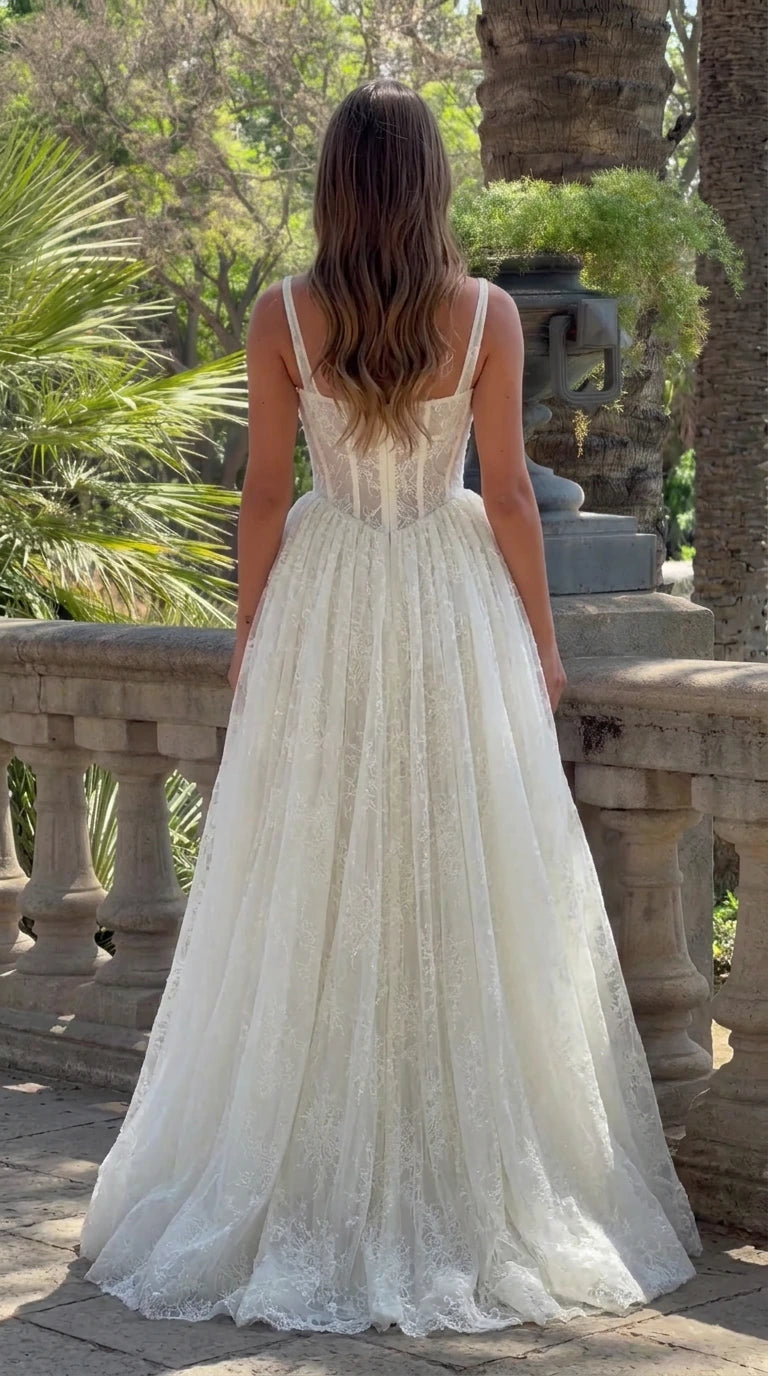 Back view of Ivory floor-length lace evening gown