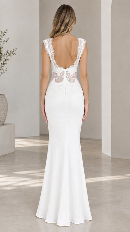 White open back sleeveless evening gown rear view