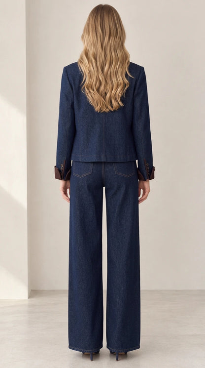 Back view of model wearing Indigo Blue wide-leg denim pant suit