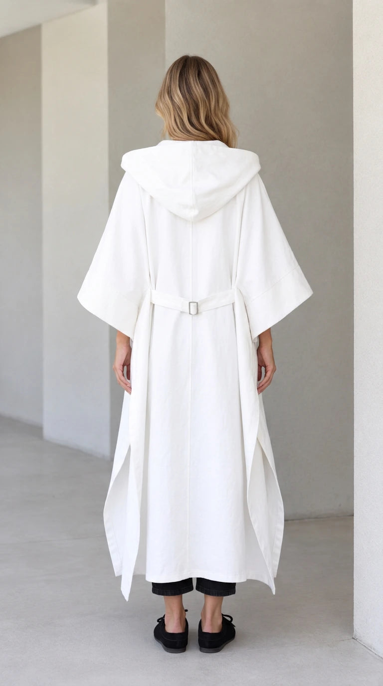 Back view of model wearing white hooded cape coat showing back buckle strap