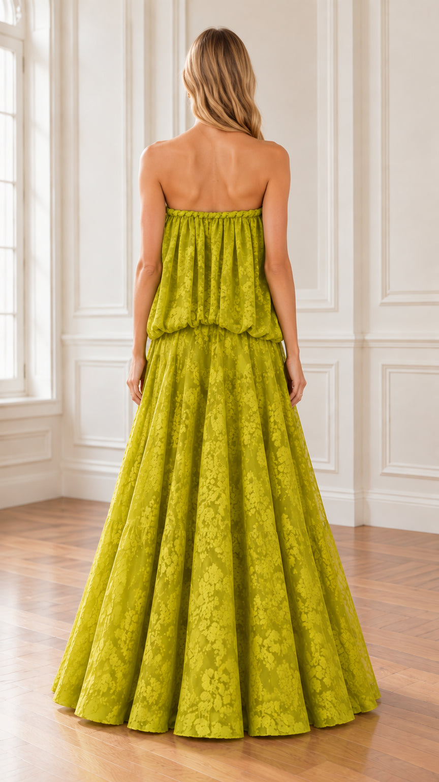 Back view of model wearing Chartreuse Green strapless gathered maxi dress