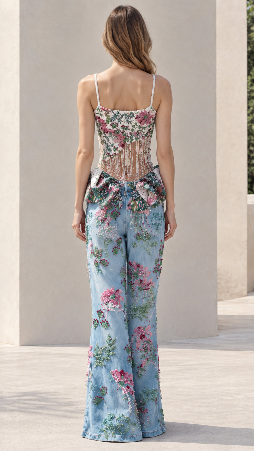 Light blue floral beaded cami top and wide leg pants set - back view