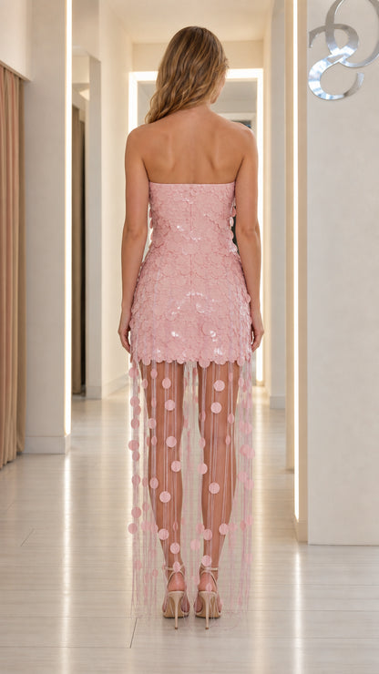 Back view of pink strapless sequin fringe dress