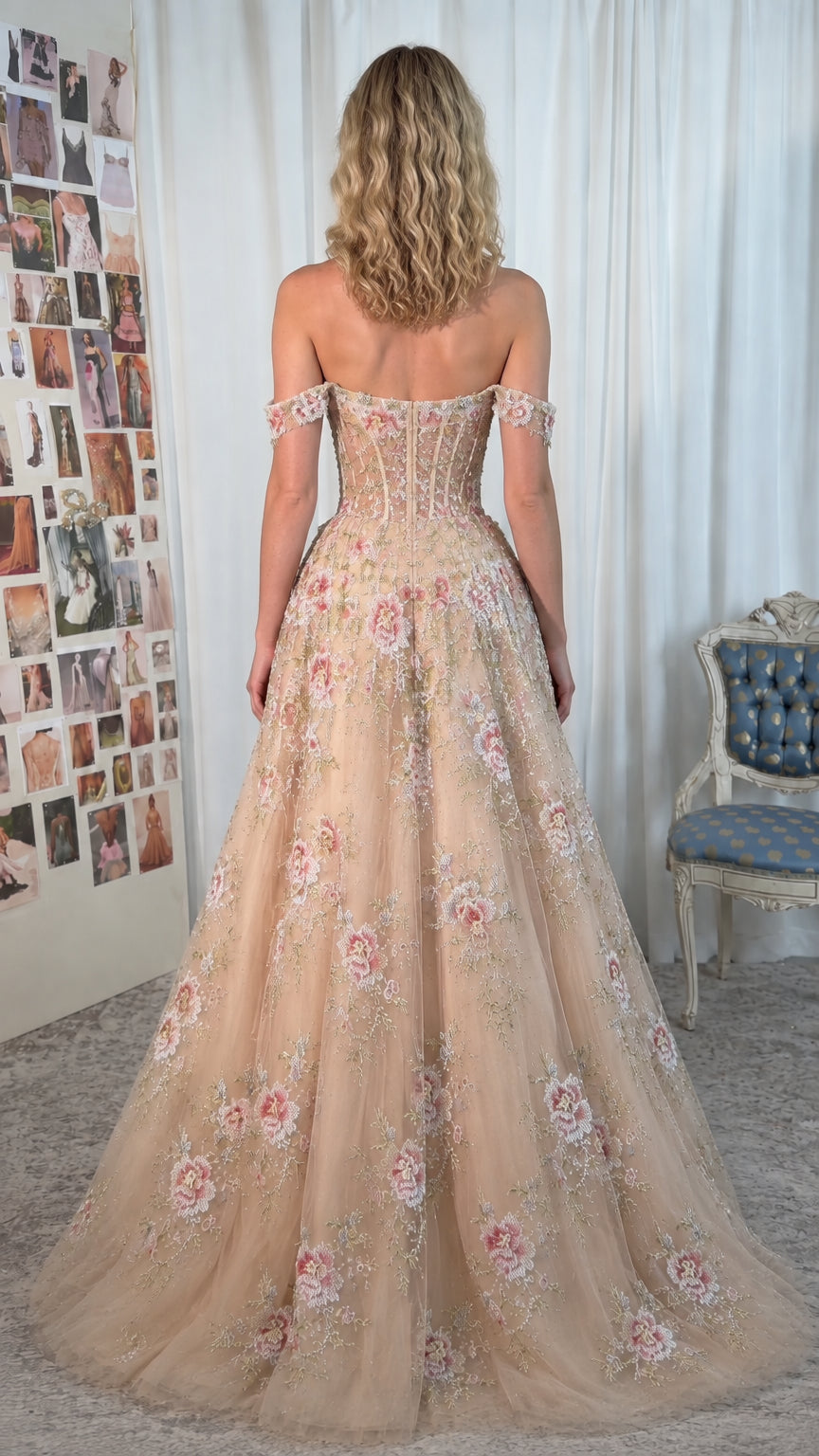 Back view of Champagne formal dress displaying corset construction and flared skirt