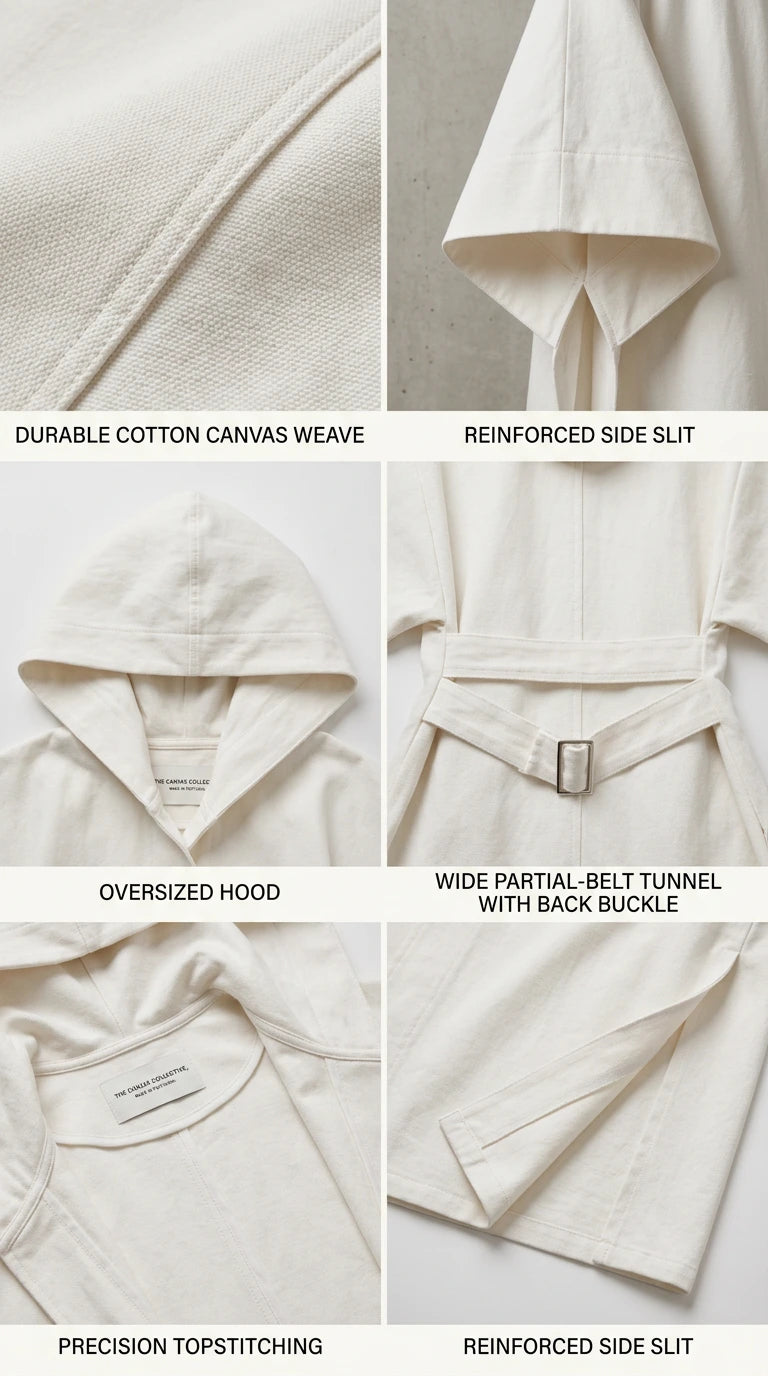 Close-up details of canvas weave fabric, oversized hood, back buckle, and side slits