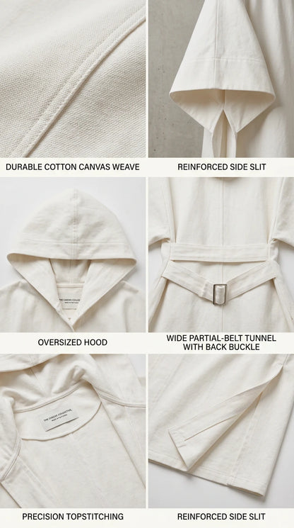 Close-up details of canvas weave fabric, oversized hood, back buckle, and side slits