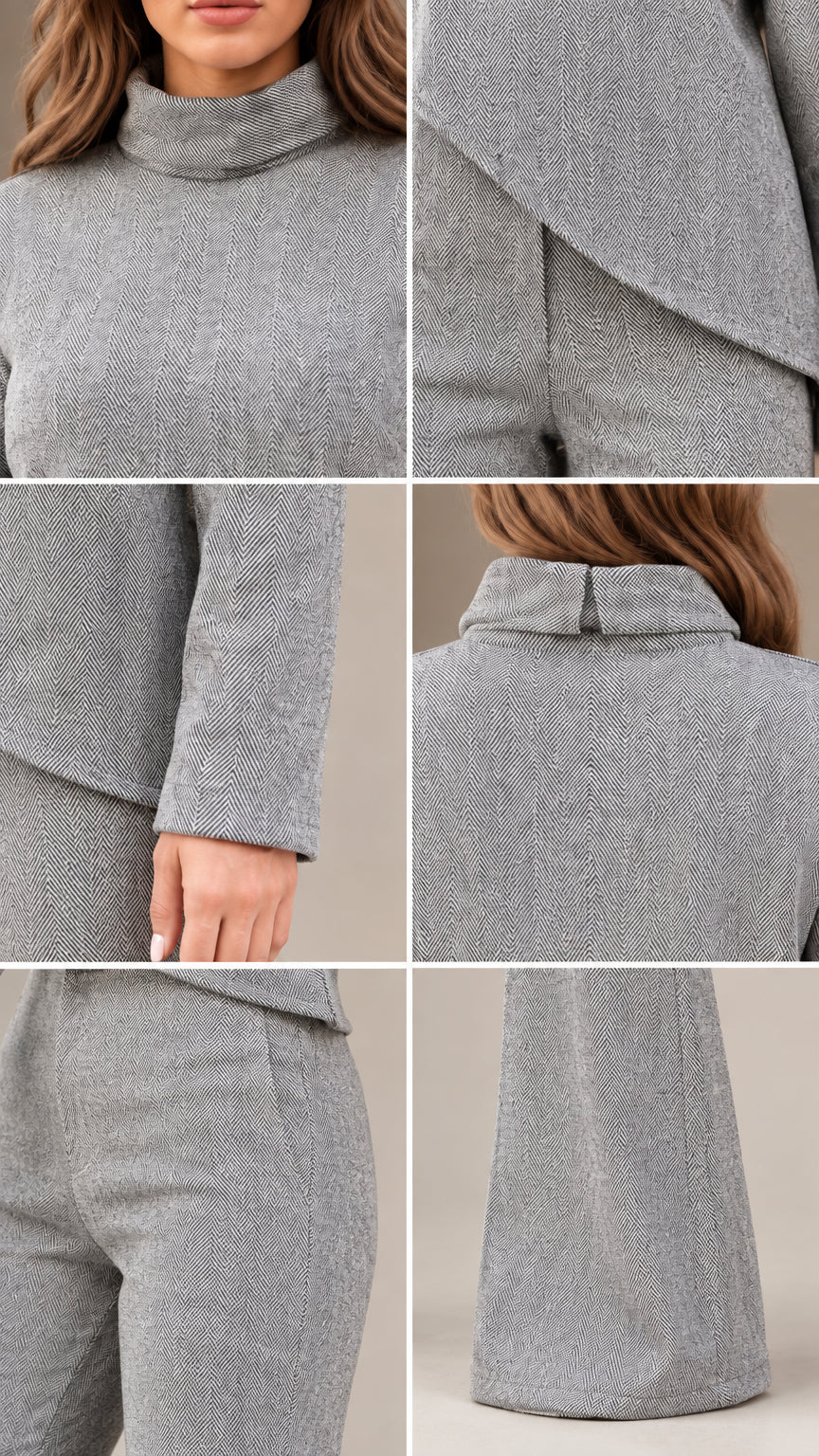 Close-up details of grey textured fabric, mock collar, cuffs, and asymmetric hemline