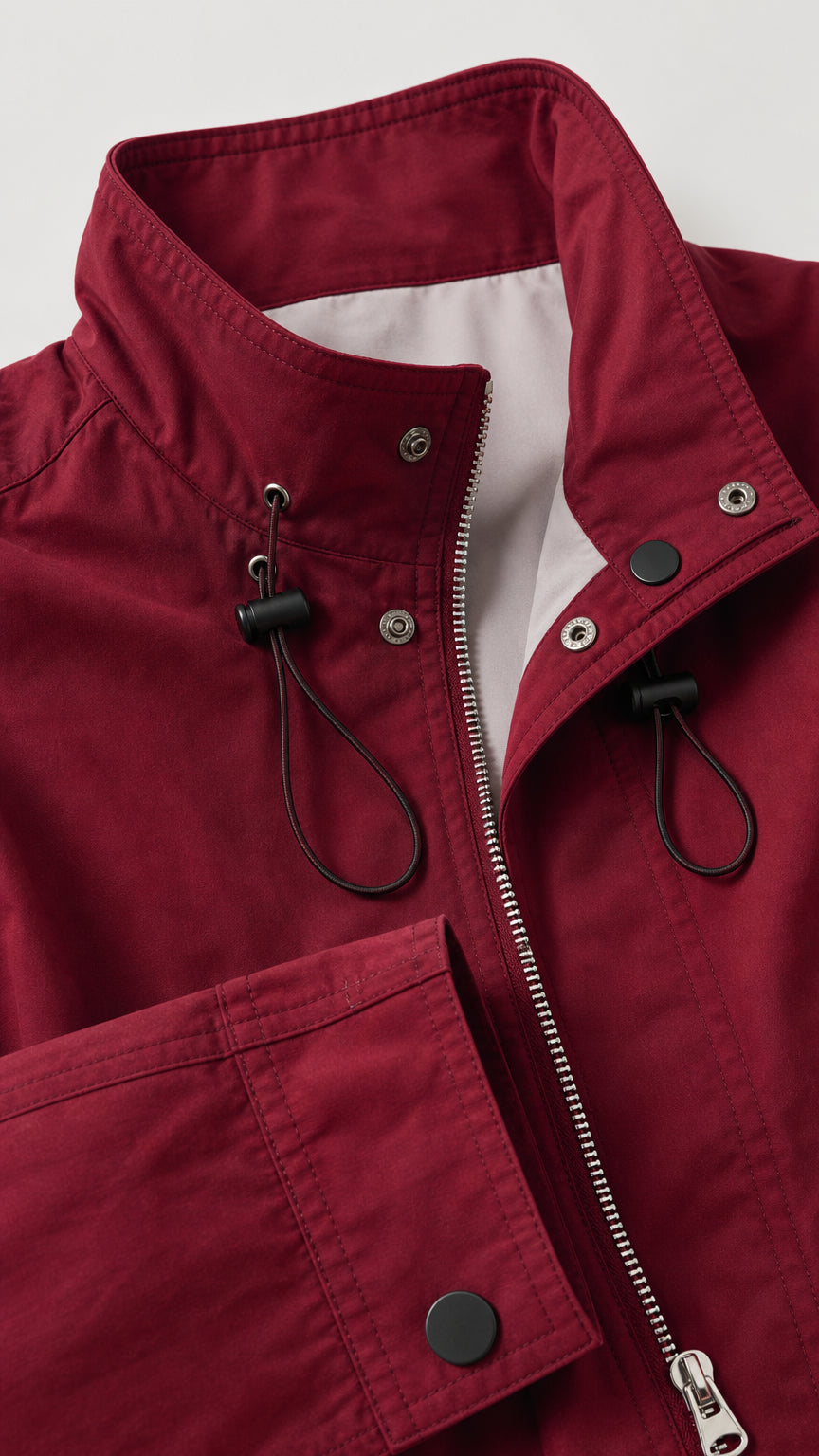Close-up detail of burgundy coat showing stand collar, drawstrings, zipper, and snap cuff