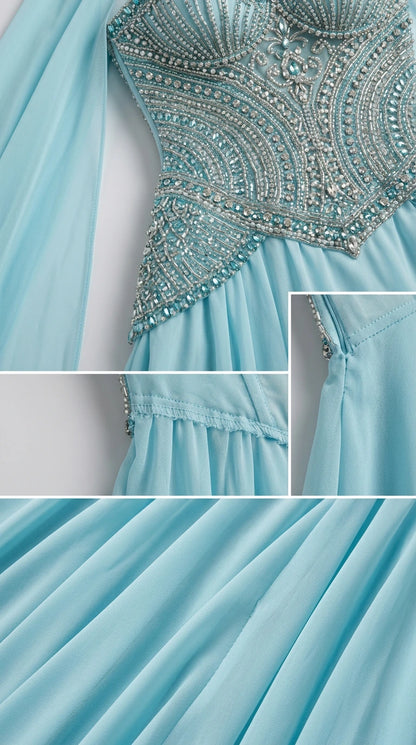 Close-up details of embellished rhinestone bodice, seam construction, and pleated chiffon fabric