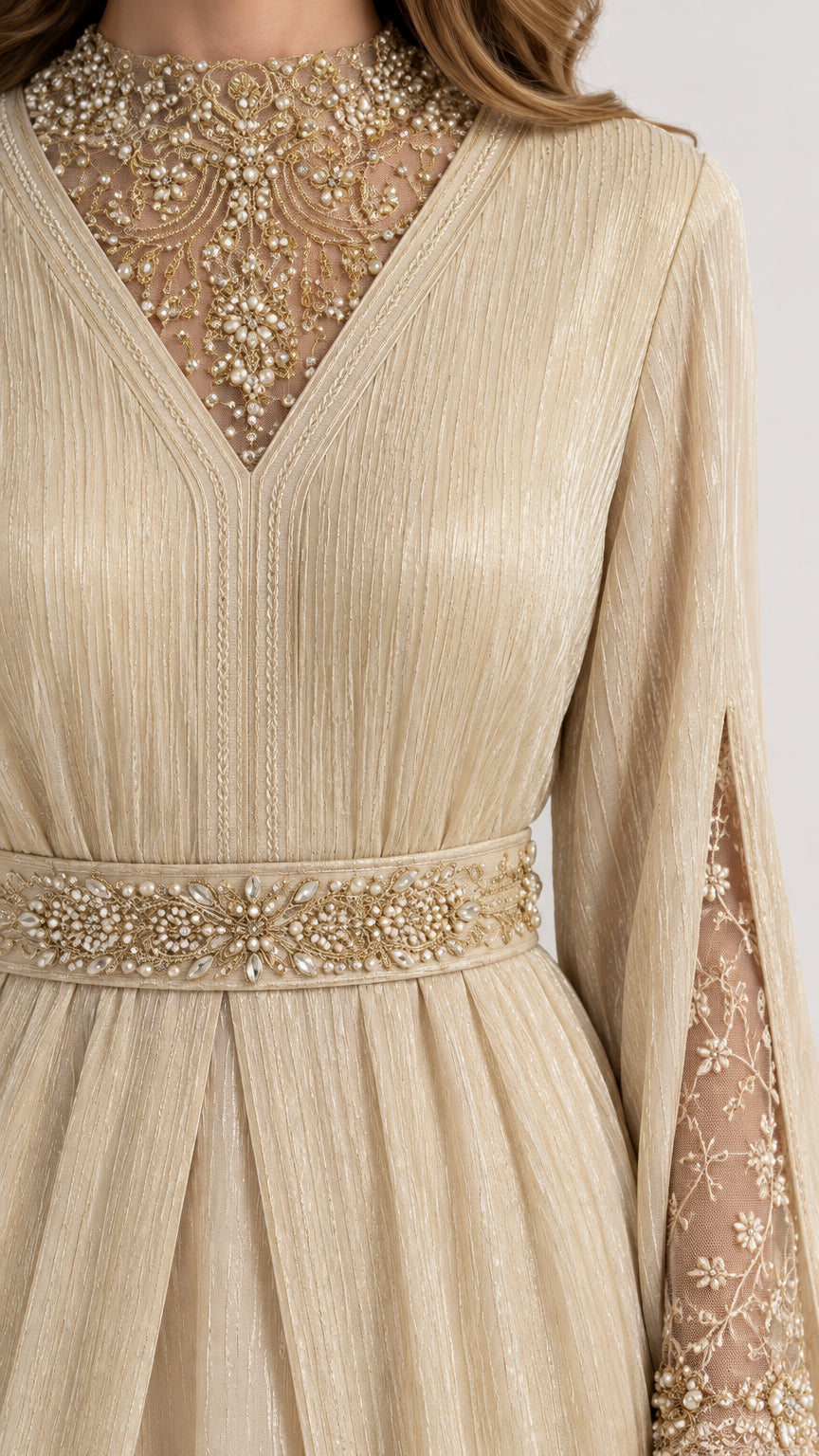 Close-up of beaded illusion high neck and embellished waist on Champagne Gold gown