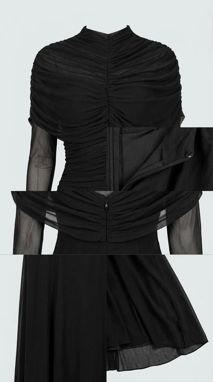 Close-up detail of bodice ruching, sheer mesh sleeve, and back zipper construction