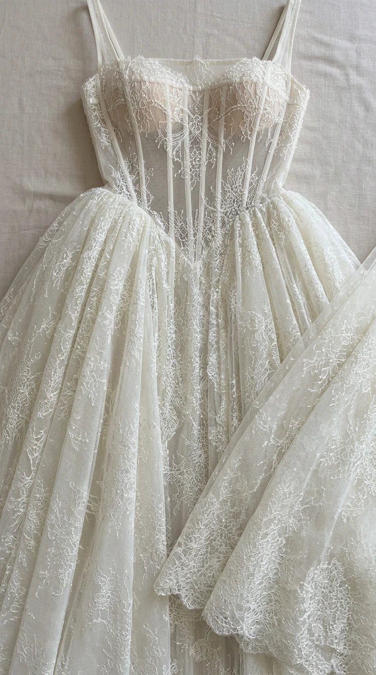 Flat lay close-up detail of Ivory corset bodice and lace fabric