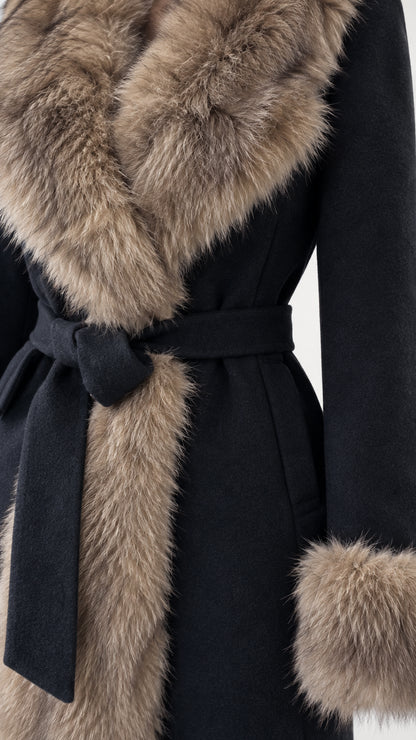 Close-up detail of plush faux-fur shawl collar, belt, and cuff on Black coat