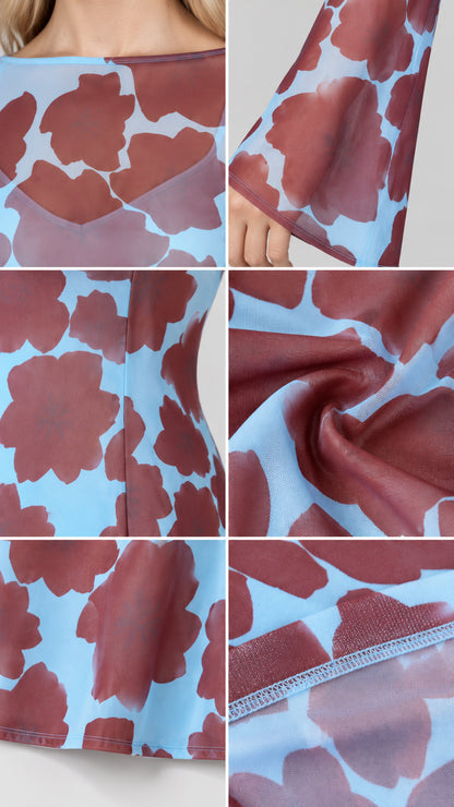 Close-up details of neckline, sleeve cuffs, side waist seam, fabric texture, and hem stitching