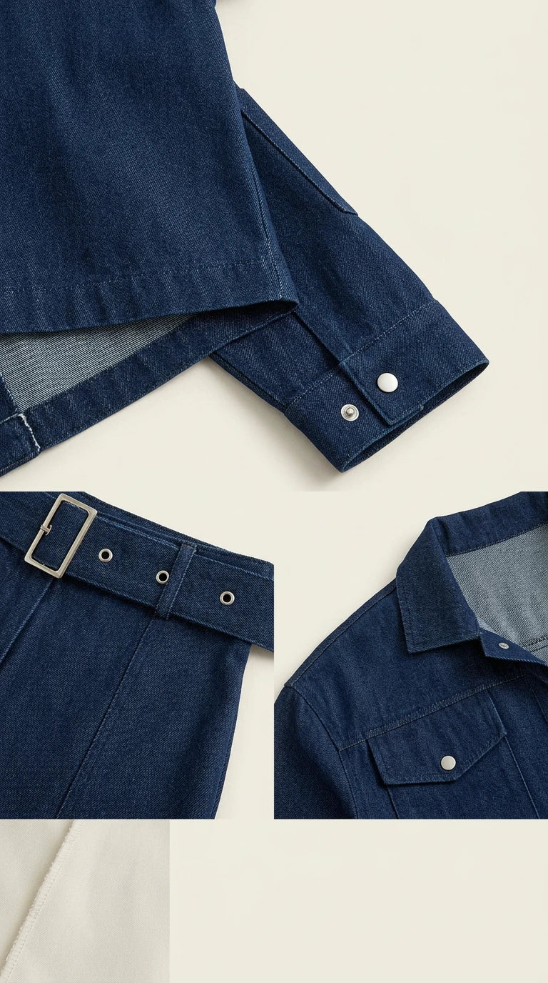 Close-up detail of denim-style twill fabric, snap-button cuffs, collar, and grommet belt buckle