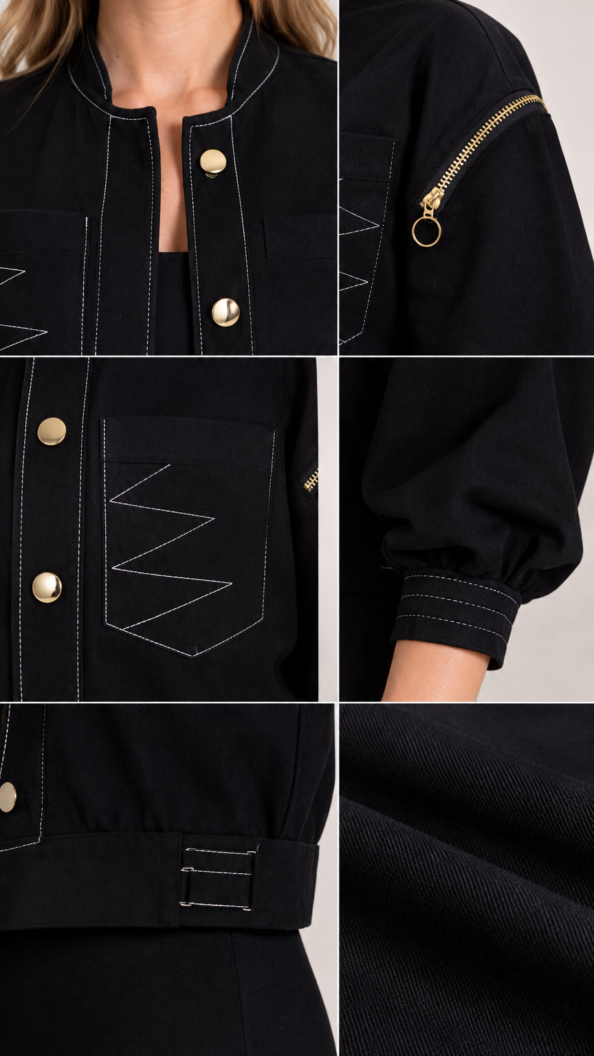 Close-up details of black cropped jacket collar, snap buttons, pocket stitching, sleeve zipper, and cuffs