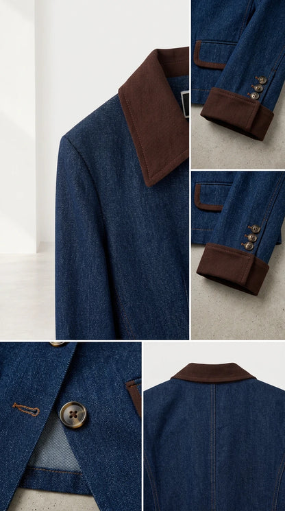Detailed close-up of contrast brown collar, button front, and cuff details on denim jacket