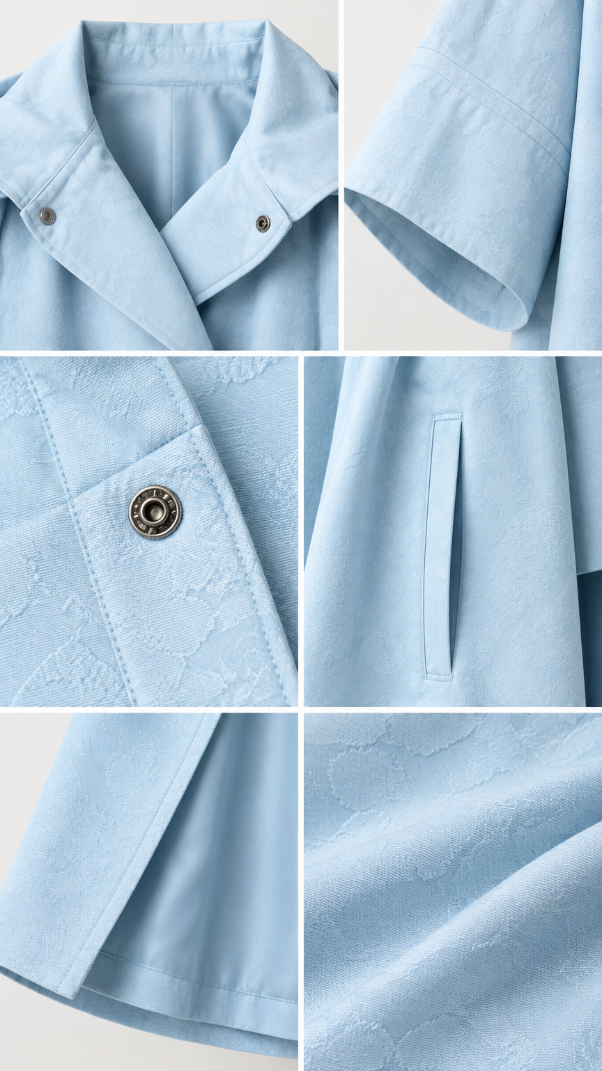 Close-up details of sky blue coat fabric texture, snap button, pocket, and sleeve cuff