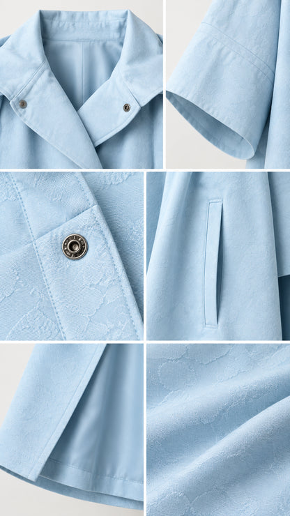 Close-up details of sky blue coat fabric texture, snap button, pocket, and sleeve cuff